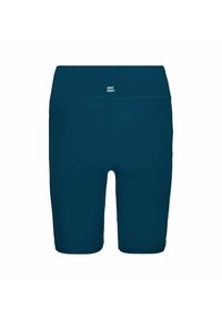 Pantalones cortos atléticos de color azul marino que llegan a la rodilla, con una cintura alta, detalles en la costura trasera y un pequeño logo blanco "BIDI BADU" en el centro de la parte trasera.