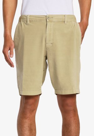 Light khaki shorts with a smooth, lightweight fabric. Features a button closure, side pockets, and a straight cut to the knee.