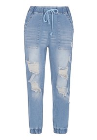 Jasnoniebieskie dżinsowe joggery z elastycznym pasem, zawiązywaniem na sznurki, bocznymi kieszeniami i wieloma przetarciami. Elastyczne mankiety u kostek.