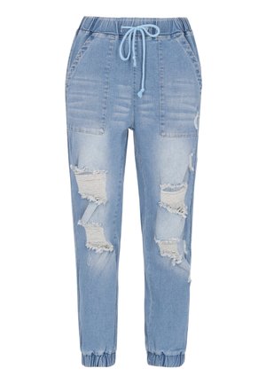 Hellblaue Denim-Jogginghosen mit elastischem Bund, Kordelzugverschluss, seitlichen Taschen und mehreren ausgewaschenen Stellen. Elastische Bündchen an den Knöcheln.