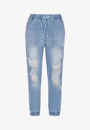 Jasnoniebieskie dżinsowe joggery z elastycznym pasem, zawiązywaniem na sznurki, bocznymi kieszeniami i wieloma przetarciami. Elastyczne mankiety u kostek.