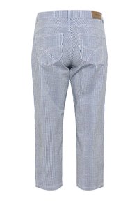 Striped capri pants in blue and white fabric, featuring a mid-rise waist, two back pockets, and a brown label at the waistband.