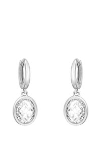 Silver hoops med klara ovala ädelstenar i en cirkulär fasthållning, hängande från en polerad låsning, med en slät yta.