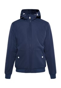 Navyblauwe hoodie met rits aan de voorkant, twee zijzakken, elastische manchetten en een capuchon met een trekkoord voor een verstelbare pasvorm. Gemaakt van lichtgewicht materiaal.