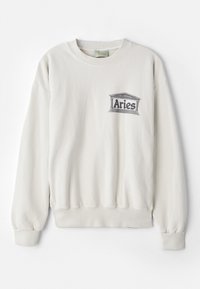 Felpa color crema realizzata in morbido tessuto, con scollatura tonda e polsini a costine. Presenta un logo stampato "Aries" in grigio.