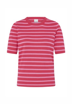 Piros és rózsaszín vízszintesen csíkos rövid ujjú kötött felső környakas nyakkivágással és bordázott gallérral, a gallér belsején "ICHI" felirattal.