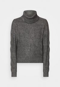Suéter de punto gris de cuello alto con un diseño recortado, que presenta puños y dobladillo acanalados, y un sutil patrón texturizado a lo largo del cuerpo.