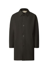 Tumma vihreä, polvipituinen takki nappikiinnityksellä, klassisella kauluksella ja sivutaskuilla; sileä pinta, minimalistinen muotoilu.