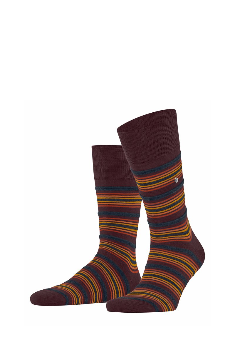 Kniestrümpfe mit einem gestreiften Muster in Burgunderrot, Gelb und Dunkelblau, mit einem gerippten oberen Teil und glatter Textur.