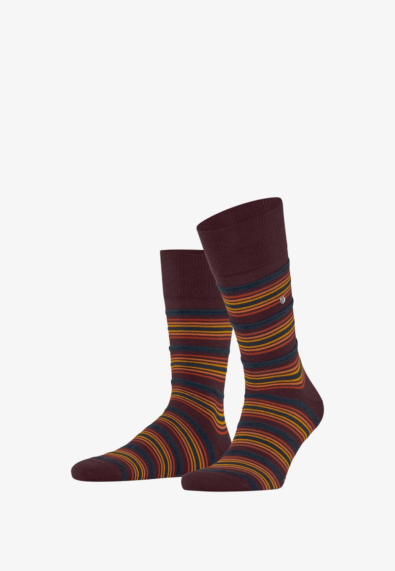 Kniestrümpfe mit einem gestreiften Muster in Burgunderrot, Gelb und Dunkelblau, mit einem gerippten oberen Teil und glatter Textur.