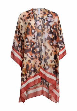 Lightweight, sheer kimono with a leopard print pattern in brown and beige, featuring red and white striped accents along the edges.