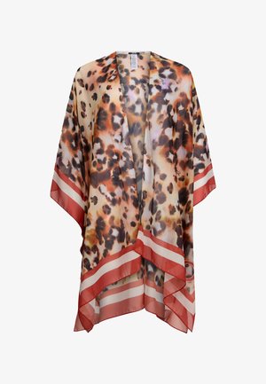 Kimono leggero e trasparente con una stampa leopardata in marrone e beige, caratterizzato da accenti a strisce rosse e bianche lungo i bordi.