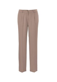 Beige op maat gemaakte broek met een rechte pijp, voorzien van een knoopsluiting en twee voorplooien voor extra structuur. Zachte stofstructuur.