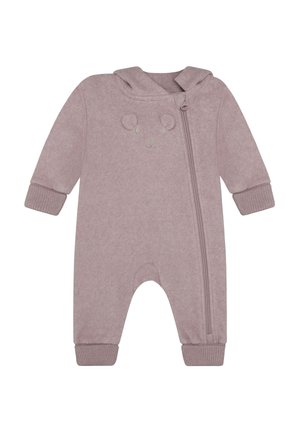 Soft pink baby romper with long sleeves, ribbed cuffs, hood, diagonal zipper, and subtle bear face design on chest.