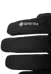 Schwarze GORE-TEX-Handschuhe mit glatter Textur, ausgestattet mit gepolsterten Fingern und einem gestickten Design für Wärme und Komfort.