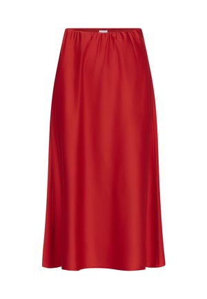 Roter Satin-Midirock mit elastischem Bund, glatter Textur und fließendem Design, das unter das Knie reicht. Keine Muster oder Verzierungen.