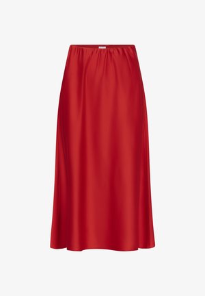 Raudonas satino midi sijonas su elastinga juosmens juosta, lygiu paviršiumi ir lengvai krentančia konstrukcija, siekiančia žemiau kelių. Be raštų ar detalių.