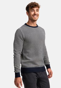 Gestreifter Pullover in Marineblau und Weiß aus Strick mit Rundhalsausschnitt und gerippten Bündchen. Glatte Textur mit einem einfarbigen marineblauen Saum.