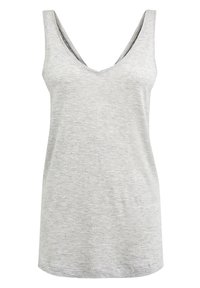 Grijze, mouwloze tanktop met een diepe V-hals, gemaakt van zachte, lichtgewicht stof, met een gladde textuur en een casual pasvorm.