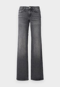 Jean droit gris en denim avec design cinq poches et fermeture par bouton sur fond clair uni.