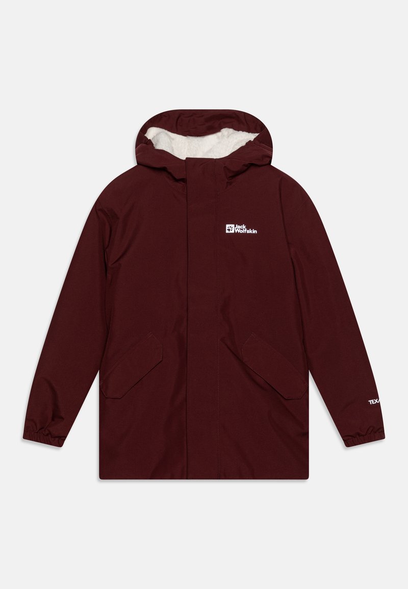 Giacca impermeabile bordeaux con cappuccio, foderata in peluche, tasche frontali e logo sul petto e sulla manica. Tessuto morbido.