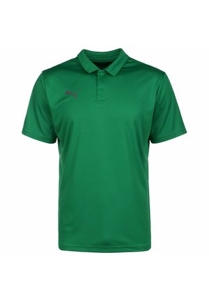 Grünes Poloshirt aus glatter Stoff, mit Kragen, kurzen Ärmeln und einem dezenten dunklen Logo auf der linken Brust.