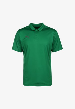 Polo shirt verde in tessuto morbido, con colletto, maniche corte e un logo scuro discreto sul lato sinistro del petto.