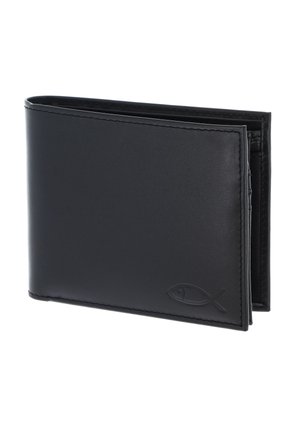 Schwarze Leder-Bifold-Geldbörse mit genähten Kanten und kleinem geprägtem Fischsymbol in der unteren rechten Ecke.