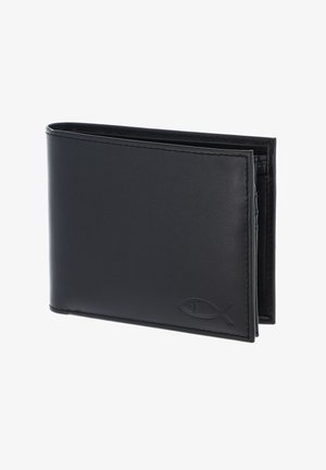 Black leather bifold wallet with stitched edges and a small embossed fish symbol in the lower right corner.