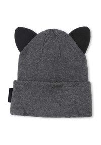 Cappello lavorato a maglia grigio con un ampio bordo a costine, dotato di due orecchie di gatto in tessuto nero sulla parte superiore. Texture morbida e vestibilità aderente.