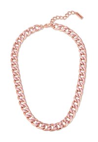Collar de cadena de oro rosado con eslabones alternos lisos y de esmalte rosa, y una pequeña etiqueta de cierre rectangular.