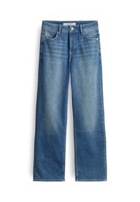 Jean en denim bleu coupe droite, design classique à cinq poches, passants de ceinture et zones délavées sur les cuisses et les genoux.