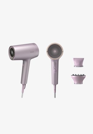 Philips haardroger: slank, matte paarse behuizing, ergonomisch handvat, ronde luchtuitlaat met gouden accenten, inclusief twee opzetstukken.