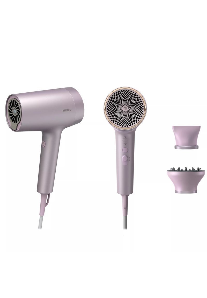 Sèche-cheveux Philips : corps violet mat élégant, poignée ergonomique, sortie d'air circulaire avec accents dorés, comprend deux accessoires.