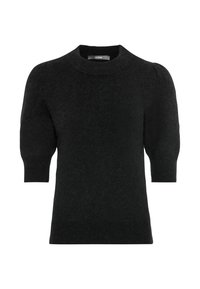 Maglione nero a maniche corte realizzato in tessuto morbido e strutturato. Presenta un colletto rotondo e maniche a sbuffo, offrendo una silhouette aderente.