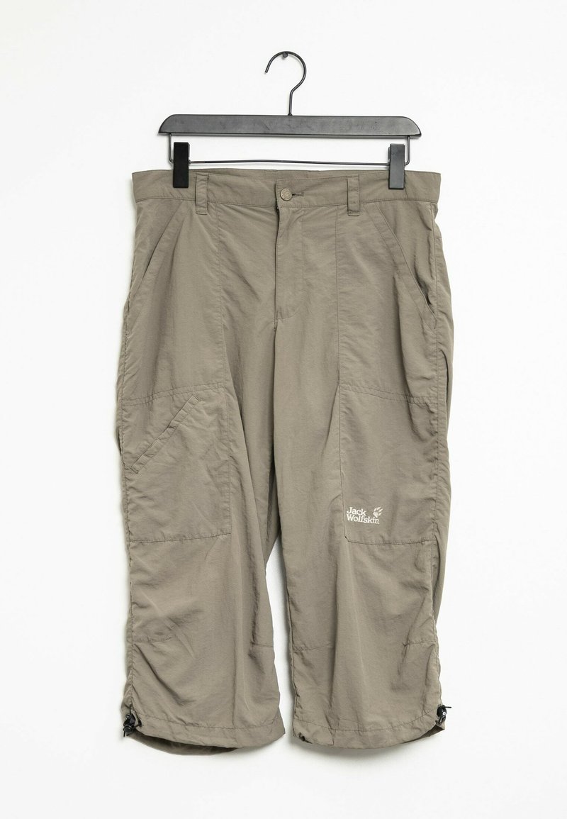 Beige cargo pants with adjustable cuffs, multiple pockets, and a logo on the lower right leg. Made from lightweight, durable fabric.