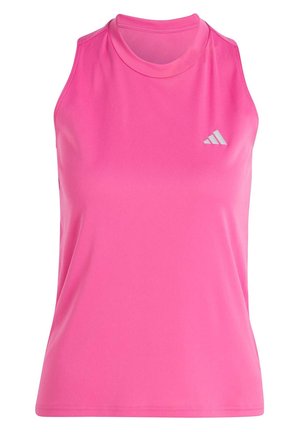 Haut de sport sans manches d'un rose vif avec un col montant et un petit logo réfléchissant Adidas sur la partie supérieure gauche de la poitrine.