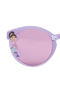 Purple cat-eye sunglasses with a glittery finish, featuring a pink mirrored lens and character details on the frame.