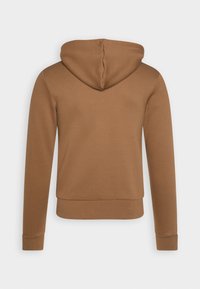 Bruine hoodie met een capuchon, lange mouwen, een voorzak in kangoeroestijl en ribbelafwerkingen aan de onderkant en de mouwen. Soepele, zachte stof.