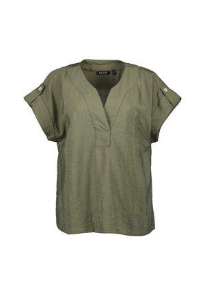 Blusa verde oliva a maniche corte con scollo a V, tessuto testurizzato e dettagli con bottoni sulle maniche. Vestibilità comoda e leggermente arricciata all'orlo.