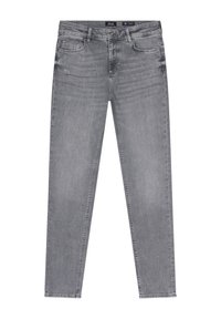 Grijze denim jeans met een slim fit, vijf zakken en een knoop- en ritsluiting. De stof heeft een subtiele gewassen textuur en schone randen.