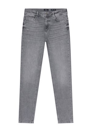 Graue Denim-Jeans mit schmaler Passform, fünf Taschen sowie Knopf- und Reißverschluss. Der Stoff hat eine dezente gewaschene Textur und klare Kanten.