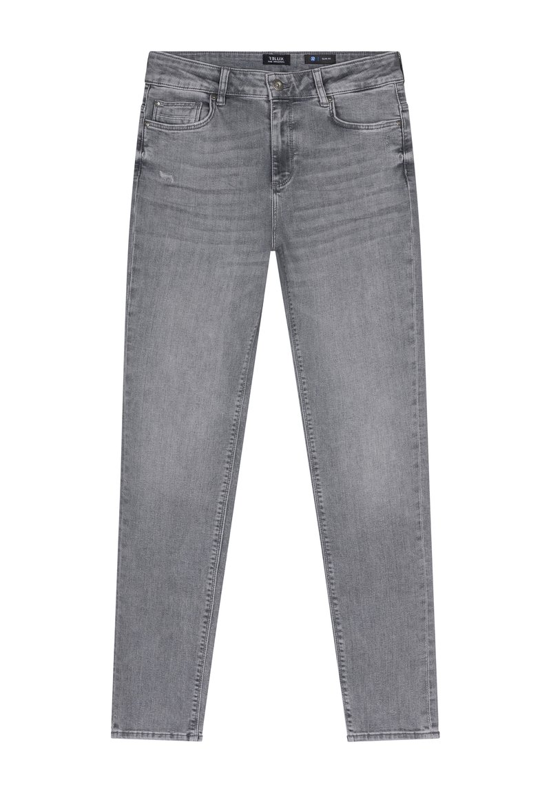 Grijze denim jeans met een slim fit, vijf zakken en een knoop- en ritsluiting. De stof heeft een subtiele gewassen textuur en schone randen.