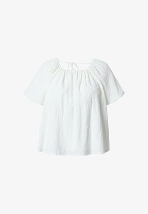 Weiße kurzärmelige Bluse aus strukturiertem Stoff, mit weitem Ausschnitt und kleinem Bindeband auf der Rückseite.