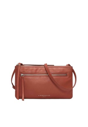 Petit sac bandoulière rectangulaire en cuir couleur rouille avec poche zippée à l'avant et sangle réglable, marqué Liebeskind Berlin.