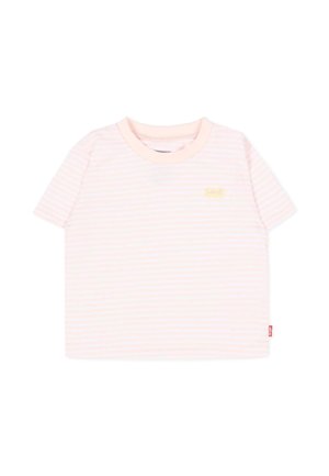 T-shirt à manches courtes pour tout-petit avec des rayures horizontales rose pâle et blanches et un col rond.