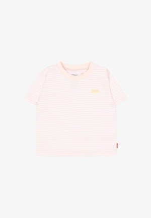 Peuter-T-shirt met korte mouwen, voorzien van lichtroze en witte horizontale strepen en een ronde hals.
