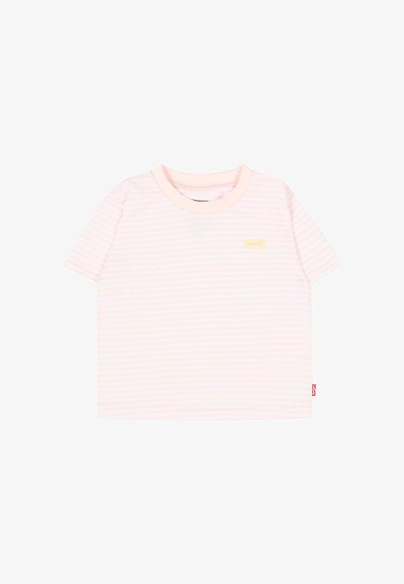 T-shirt à manches courtes pour tout-petit avec des rayures horizontales rose pâle et blanches et un col rond.