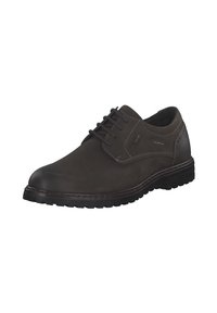 Zapato de cuero gris oscuro con puntera redonda, diseño de cordones, costuras en contraste y suela texturizada para tracción. Presenta un sutil logotipo en el lateral.