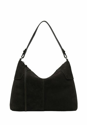 Borsa a tracolla in pelle scamosciata nera con tracolla singola, chiusura con cerniera e dettagli di cucitura minimi sul davanti e sui lati.
